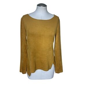Axyeh Womens Long Sleeve Suede Look Top Small Mustard Boho Blouse